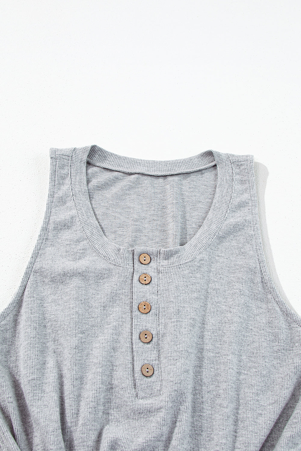 Gray Ribbed Knit Buttons Drawstring Sleeveless Jumpsuit