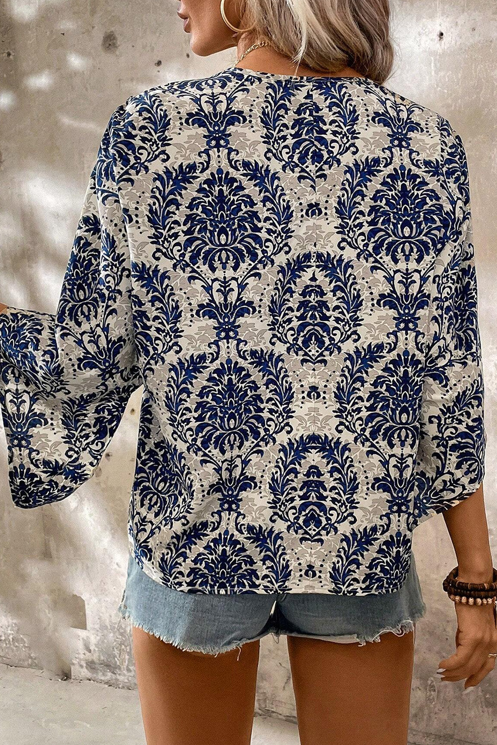 Blue Vintage Flower Tree Quarter Sleeve V Neck Blouse