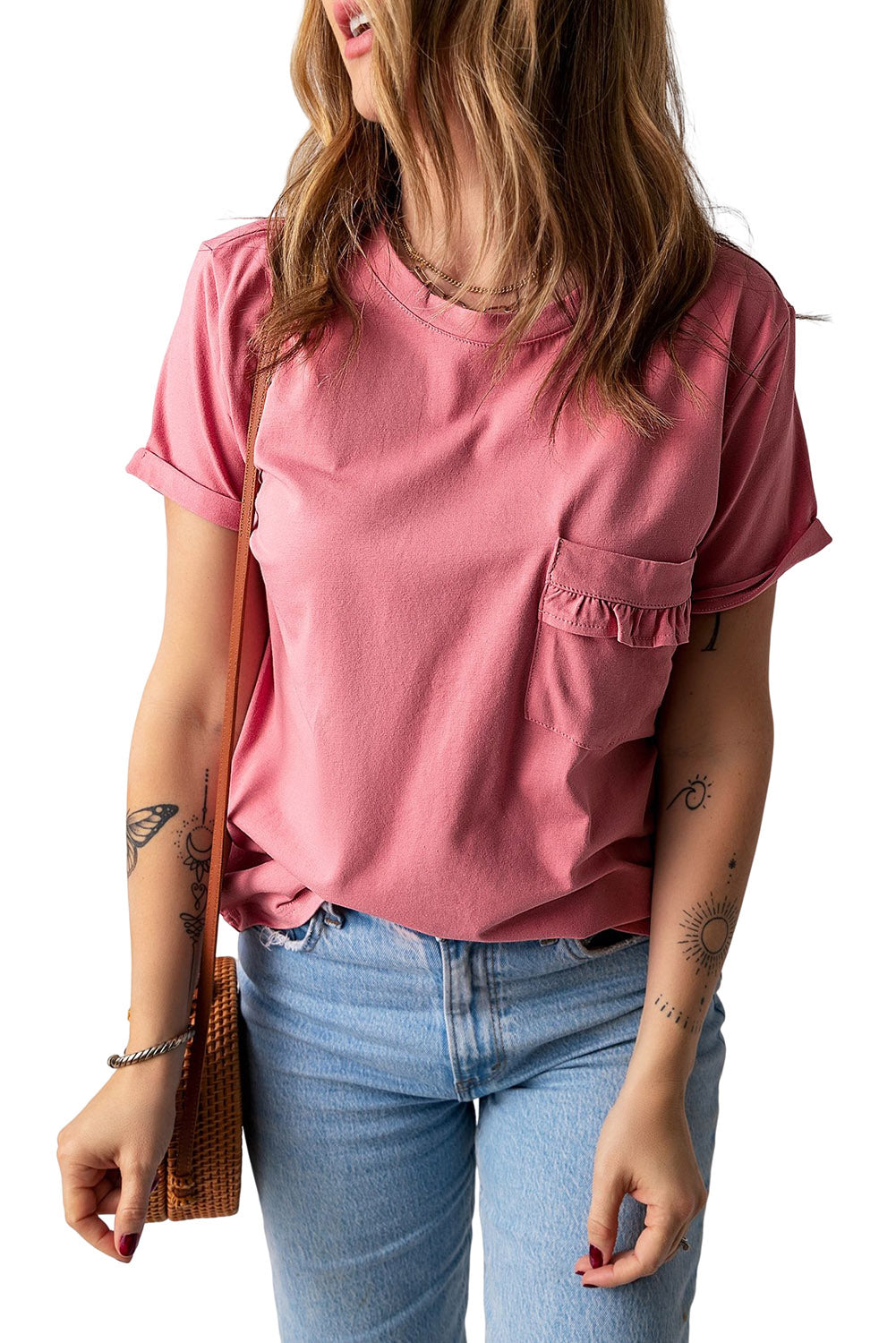 Frilled Pocket O-neck Short Sleeve T Shirt