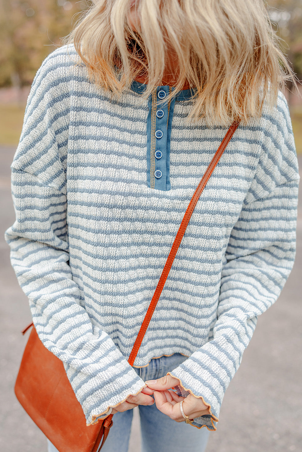 Sky Blue Stripe Textured Frilly Trim Buttons Henley Long Sleeve Top