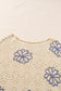 Beige Contrast Flower Print Eyelet Drop Shoulder Sweater