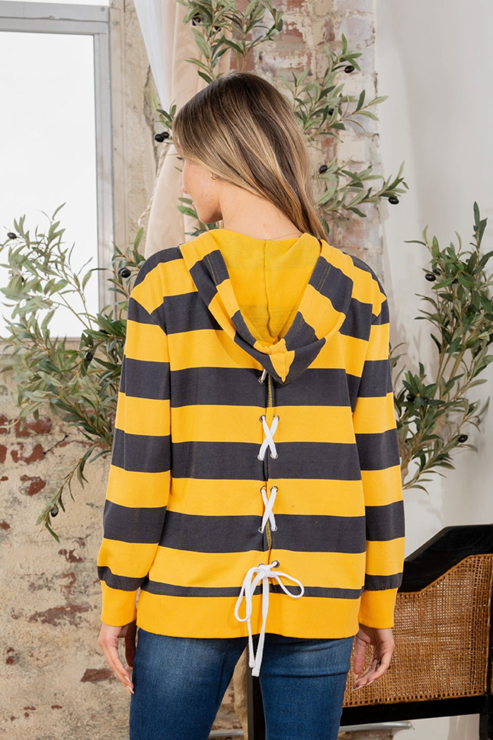 Full Size Drawstring Striped Long Sleeve Hoodie