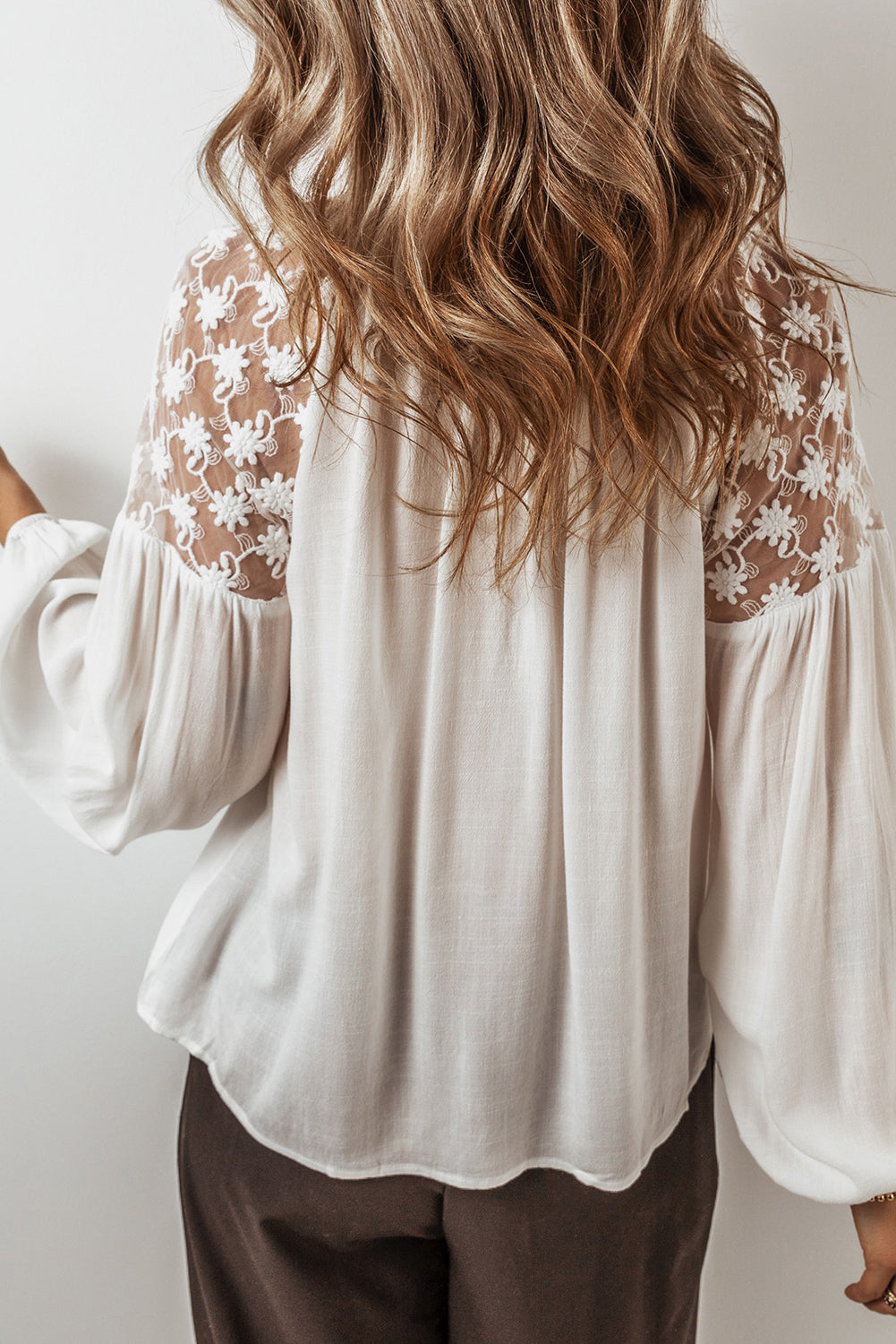 White Floral Lace Patchwork Puff Sleeve Tied V Neck Blouse