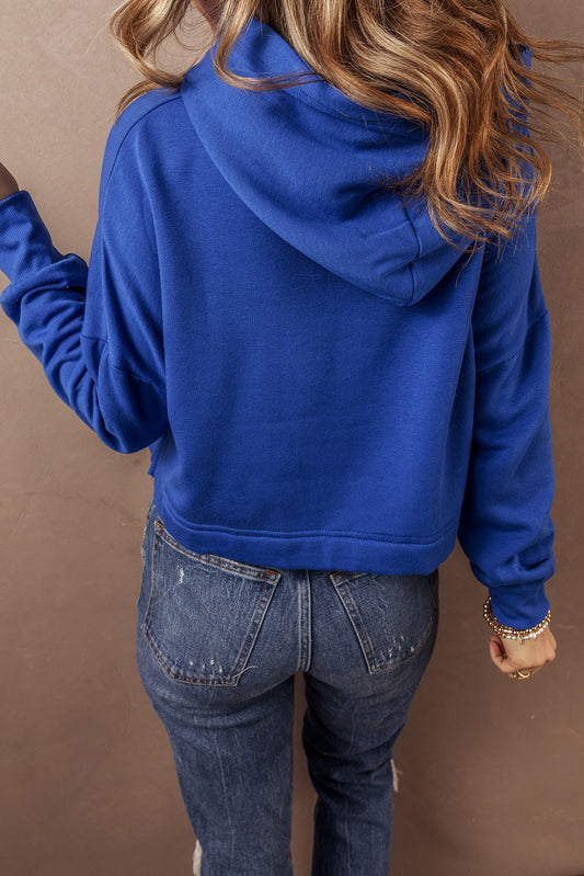 Dark Blue Solid Drop Shoulder Drawstring Cropped Hoodie