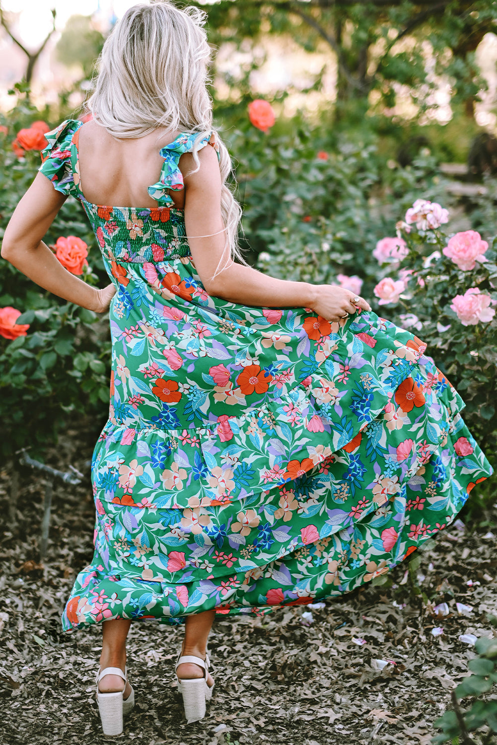 Green Floral Print Sleeveless Ruffle Tiered Maxi Dress