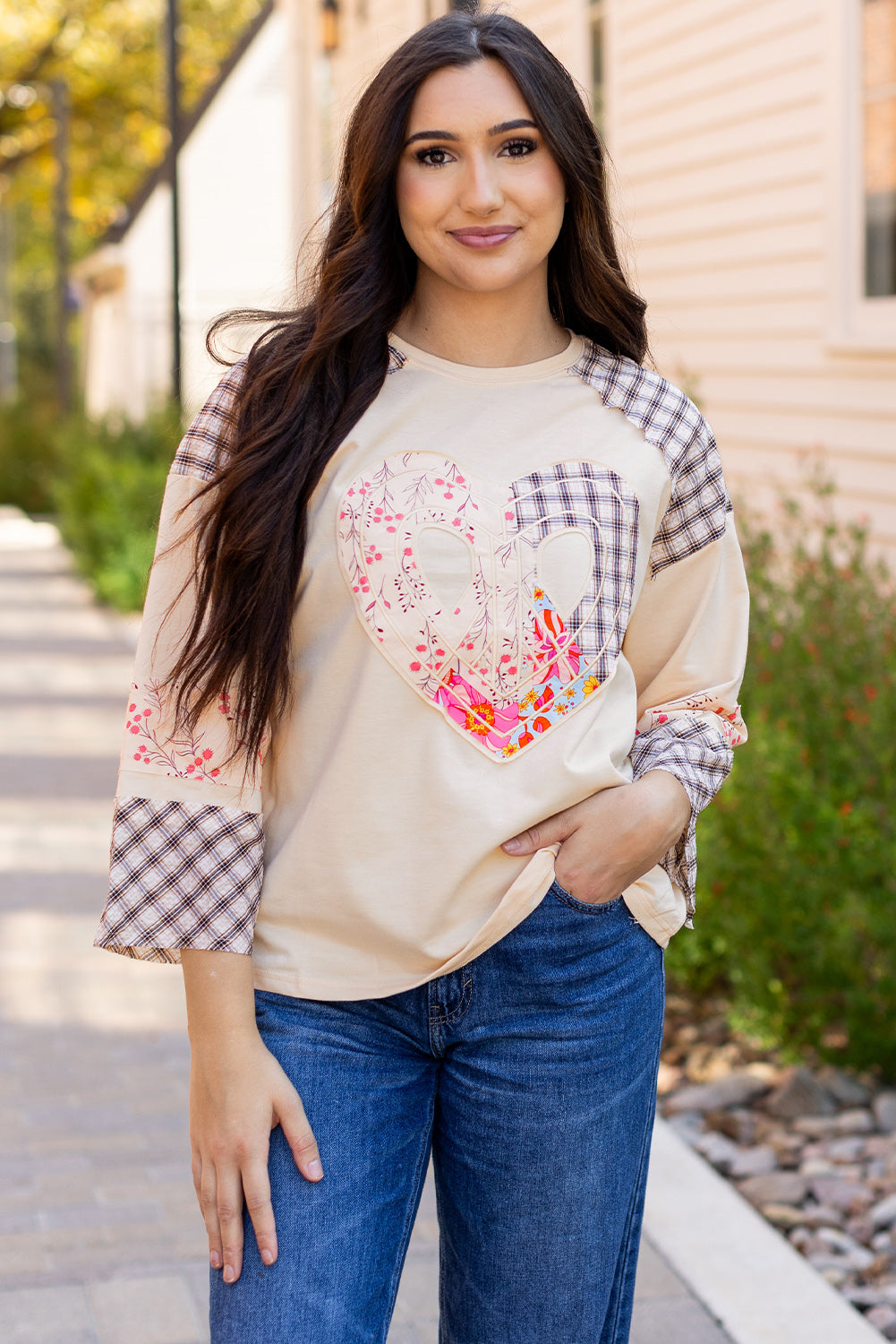 Beige Plaid Floral Peace Heart Graphic Wide Long Sleeve Top