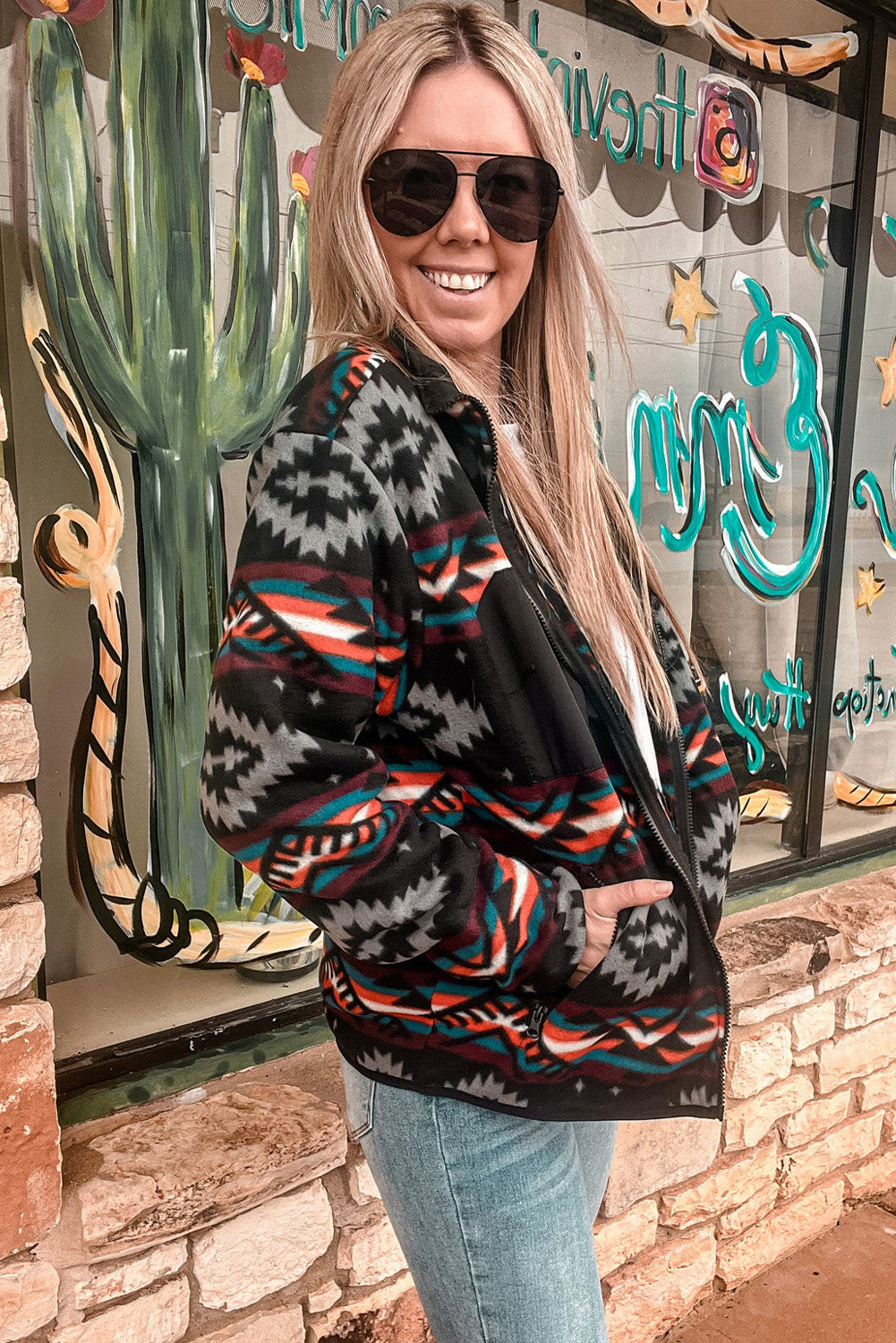 Black Aztec Printed Zip Up Collar Jacket