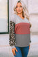 Fiery Red Wild Leopard Contrast Sleeve Colorblock Waffle Knit Top