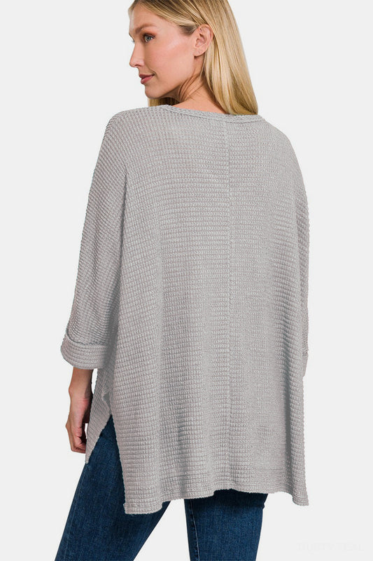 Zenana Waffle Knit V-Neck Long Sleeve Slit Top