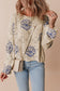 Beige Contrast Flower Print Eyelet Drop Shoulder Sweater