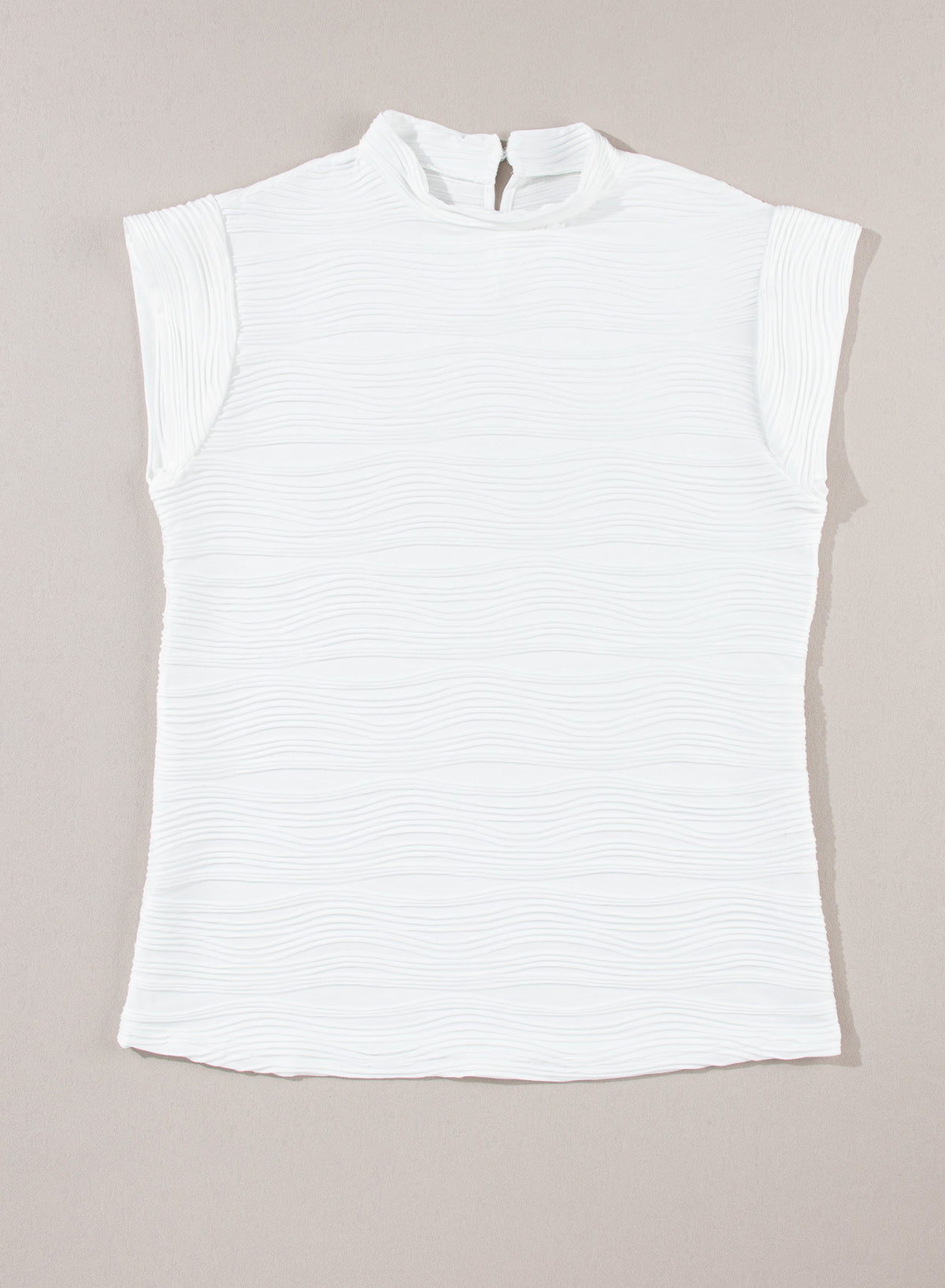 White Wavy Textured Mock Neck Cap Sleeve Top