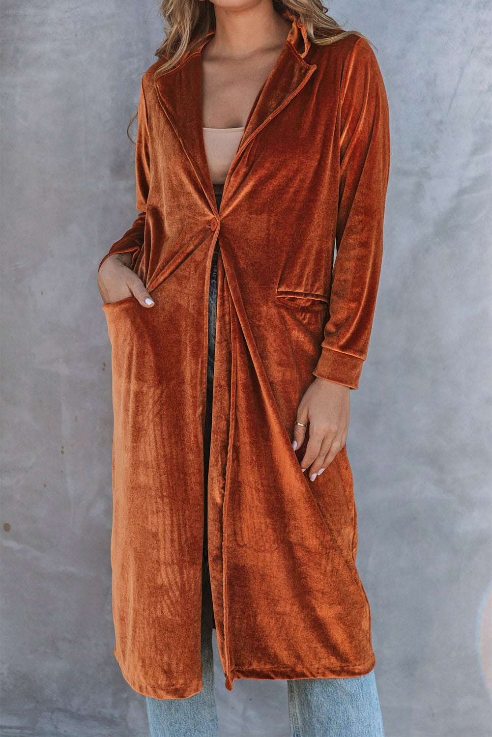 Brown Retro Velvet Long Sleeve Pocket Coat