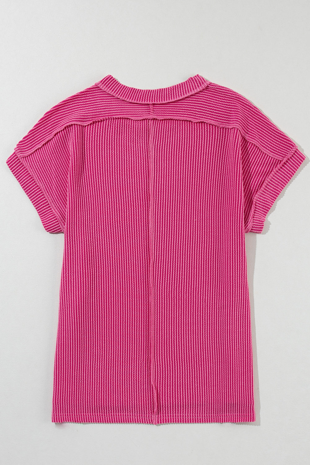 Rose Red Textured Knit Exposed Stitching T-shirt