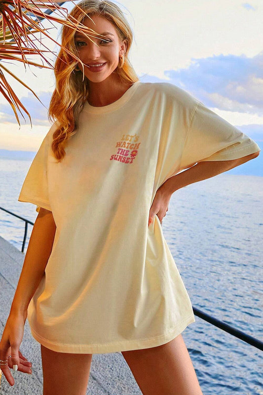 Yellow Cream Back LET'S WATCH THE SUNSET Print Half Sleeve Tee