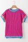 Bright Pink Textured Contrast Trim Round Neck T Shirt