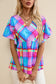 Sky Blue Colorful Plaid V Neck Ruffled Short Sleeve Babydoll Top