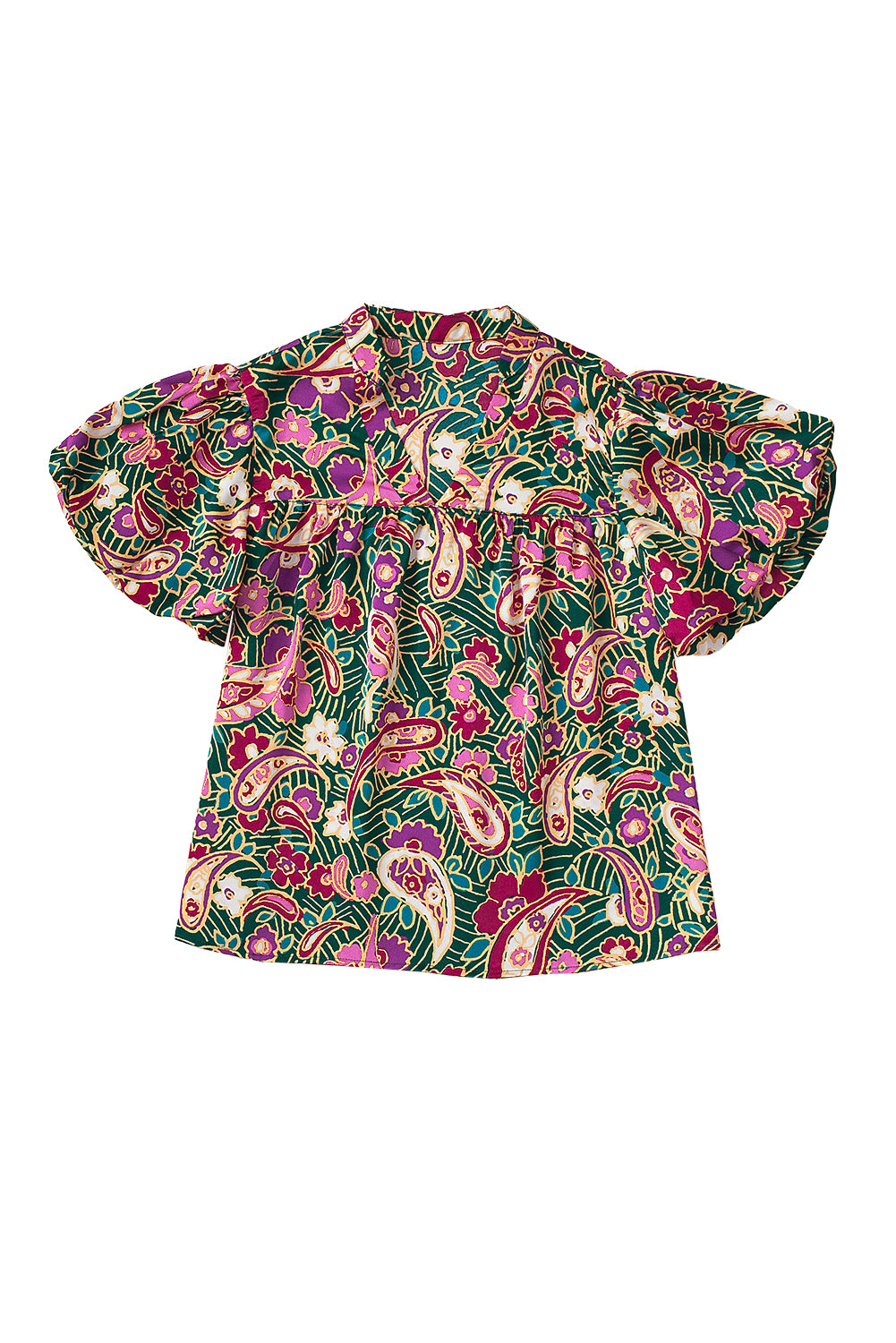 Green V Neck Short Bubble Sleeve Paisley Blouse