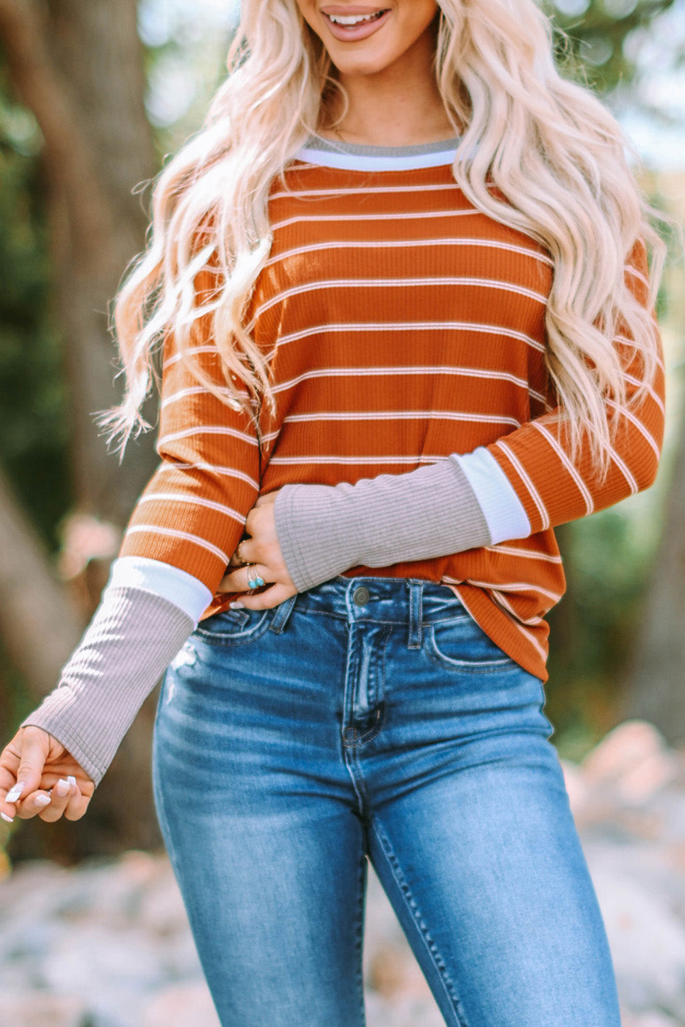 Brown Extend Color Block Cuffs Rib Knit Striped Pullover