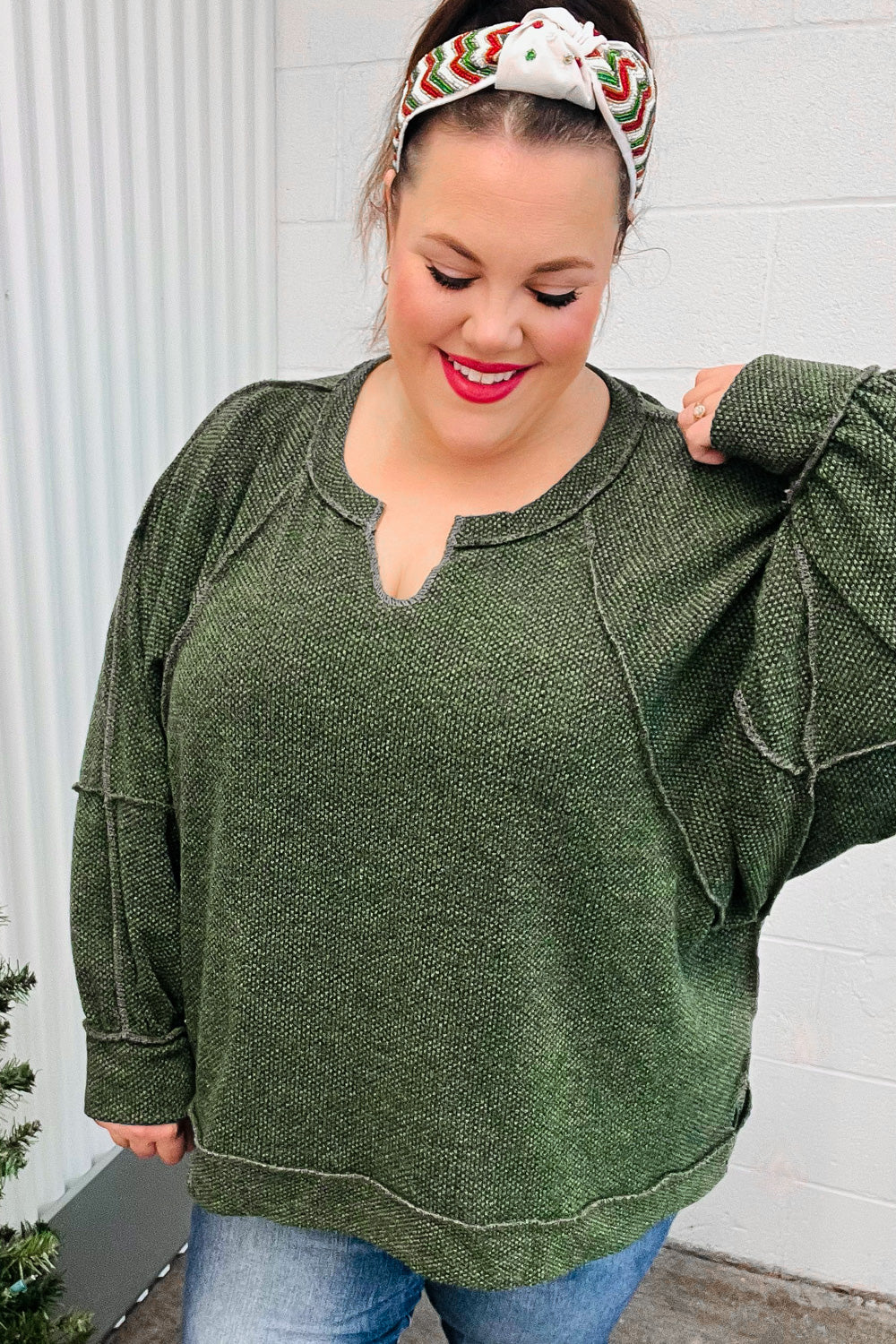 Olive Two Tone Knit Notched Raglan Top