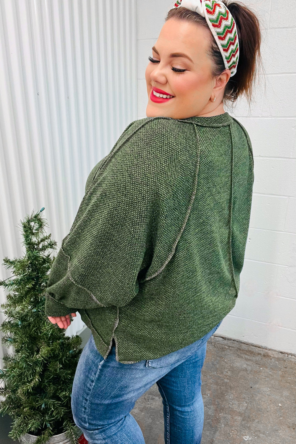 Olive Two Tone Knit Notched Raglan Top