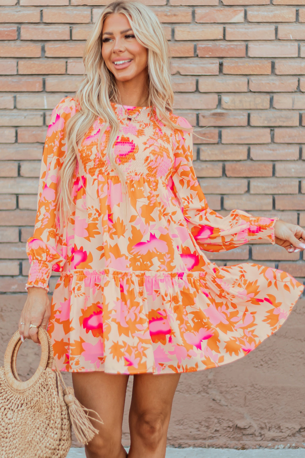 Orange Abstract Print Smocked Lantern Sleeve Ruffle Mini Dress