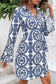 Blue Floral Print V Neck Wrapped Knot Long Sleeve Dress