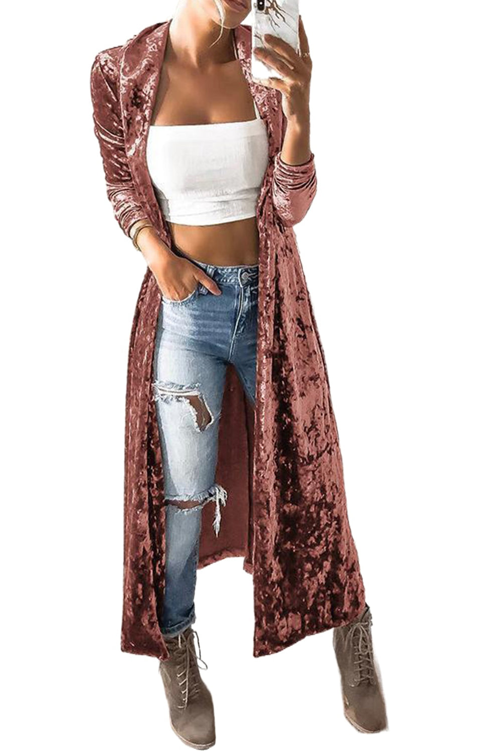 Pink Lapel Open Front Duster Velvet Cardigan