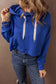 Dark Blue Solid Drop Shoulder Drawstring Cropped Hoodie