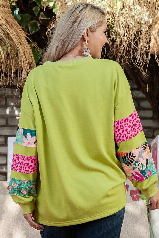 Green Plus Size Printed Patchwork Sleeve Split Sweatshirt