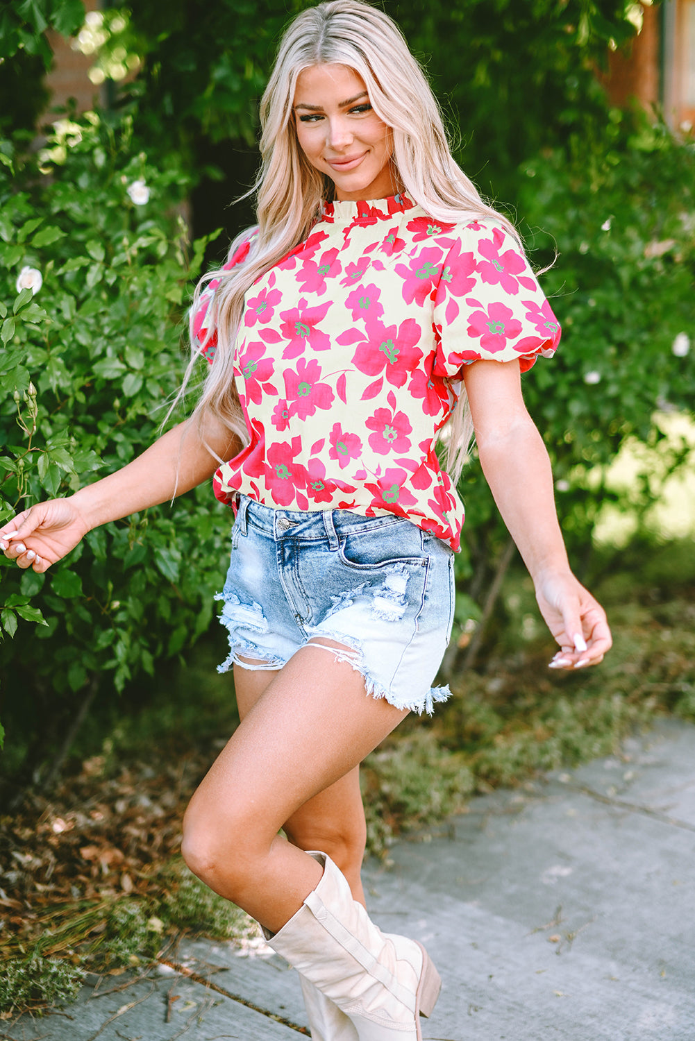 Beige Floral Puff Sleeve Frilled Neckline Blouse