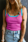 Bright Pink Colorblock Edge Ribbed Knit U Neck Tank Top