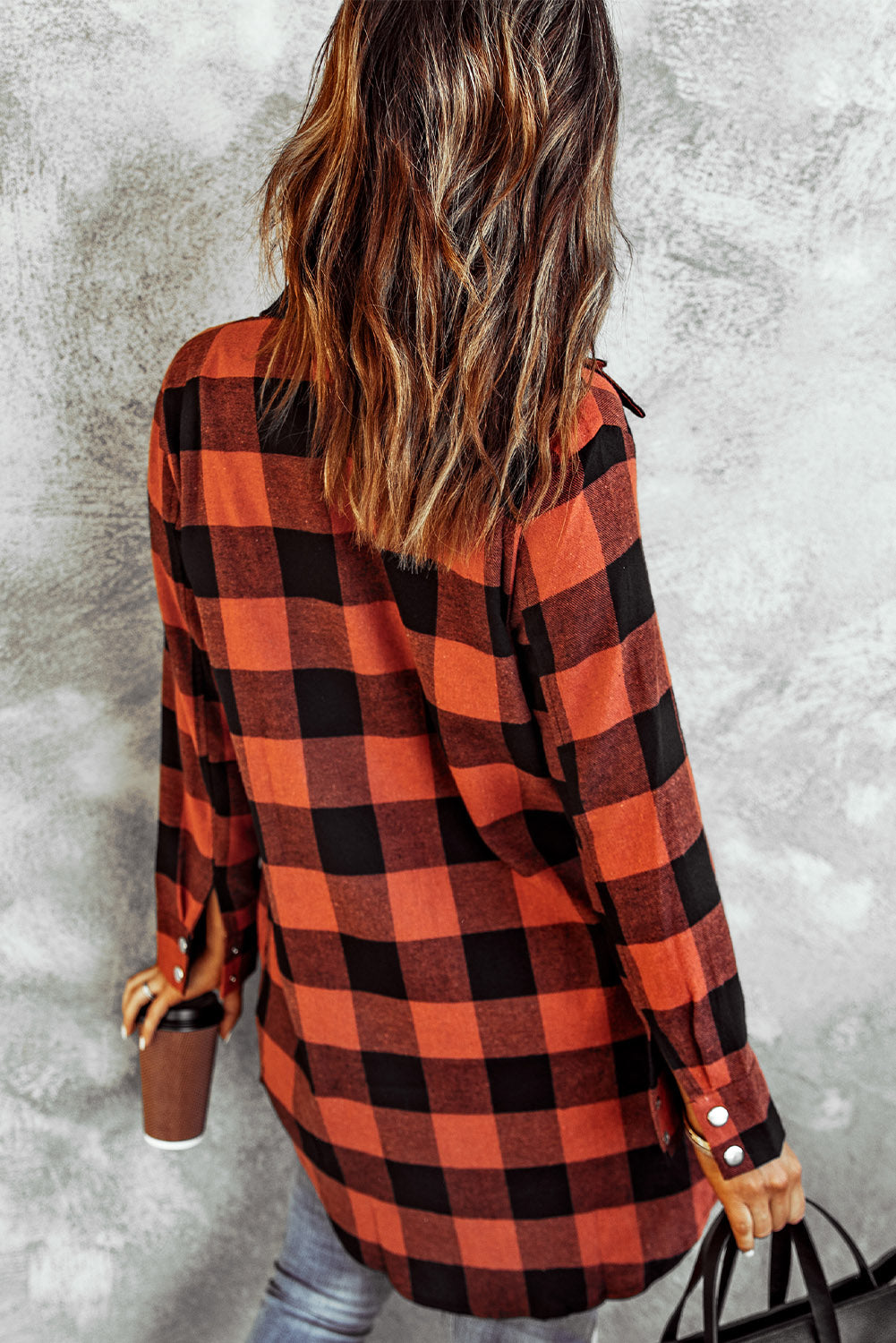 Fiery Red Turn-down Collar Plaid Shirt Coat