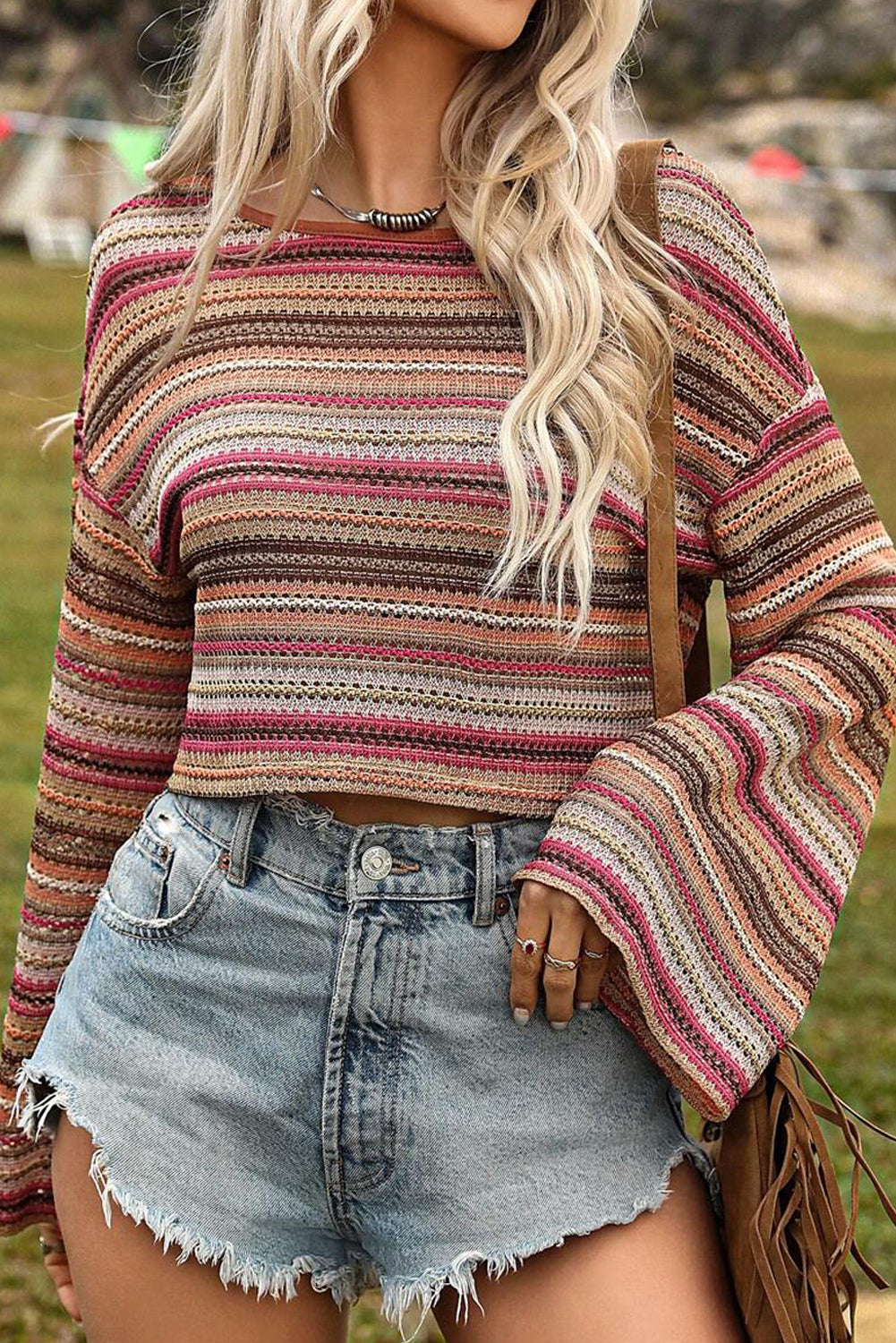 Rose Red Ethnic Striped Wide Cropped Long Sleeve Top