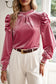 Peach Blossom Fiery Mock Neck Puff Sleeve Velvet Blouse