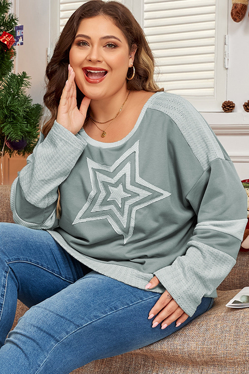 Mist Green Stars Patchwork Round Neck Plus Size T Shirt