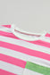 Pink Stripe Contrast Patch Pocket Drop Sleeve T Shirt