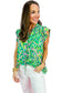 Green Abstract Print Ruffled Trim Tied Split Neck Tank Top