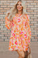 Orange Abstract Print Smocked Lantern Sleeve Ruffle Mini Dress