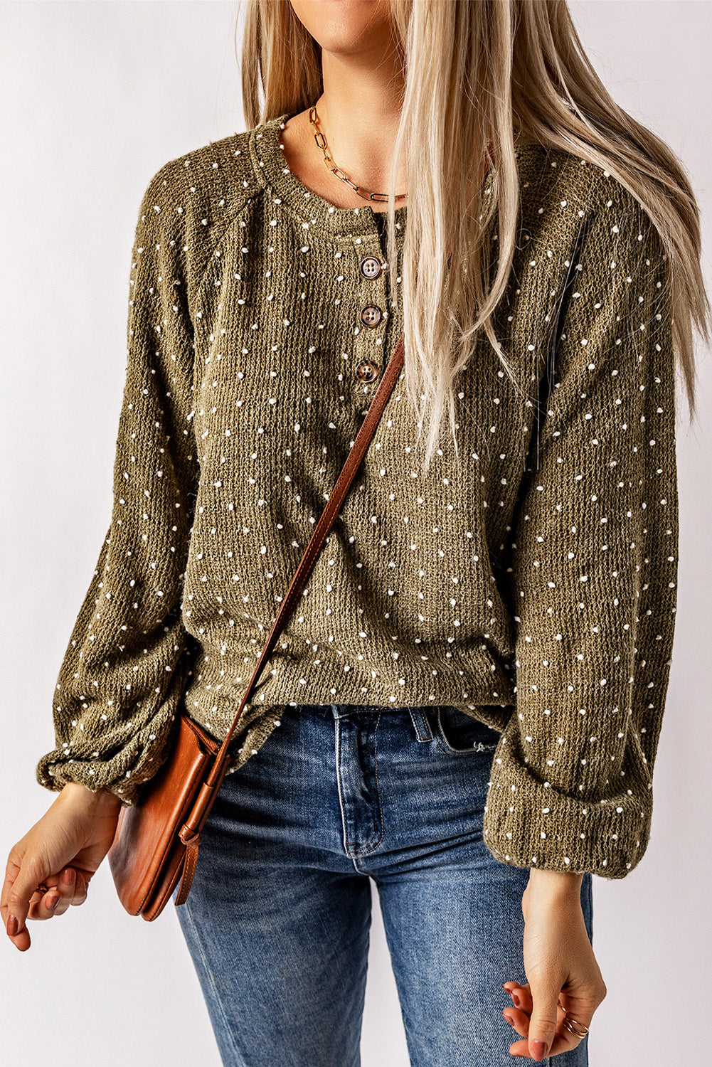 Green Swiss Dot Raglan Sleeves Knit Top