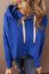 Dark Blue Solid Drop Shoulder Drawstring Cropped Hoodie