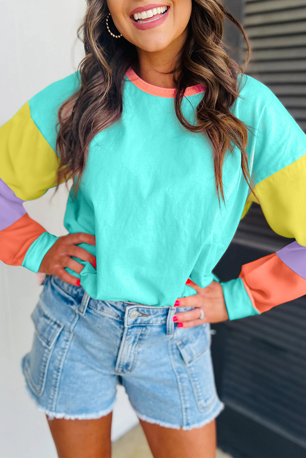 Light Blue Colorblock Patchwork Long Sleeve Loose Top