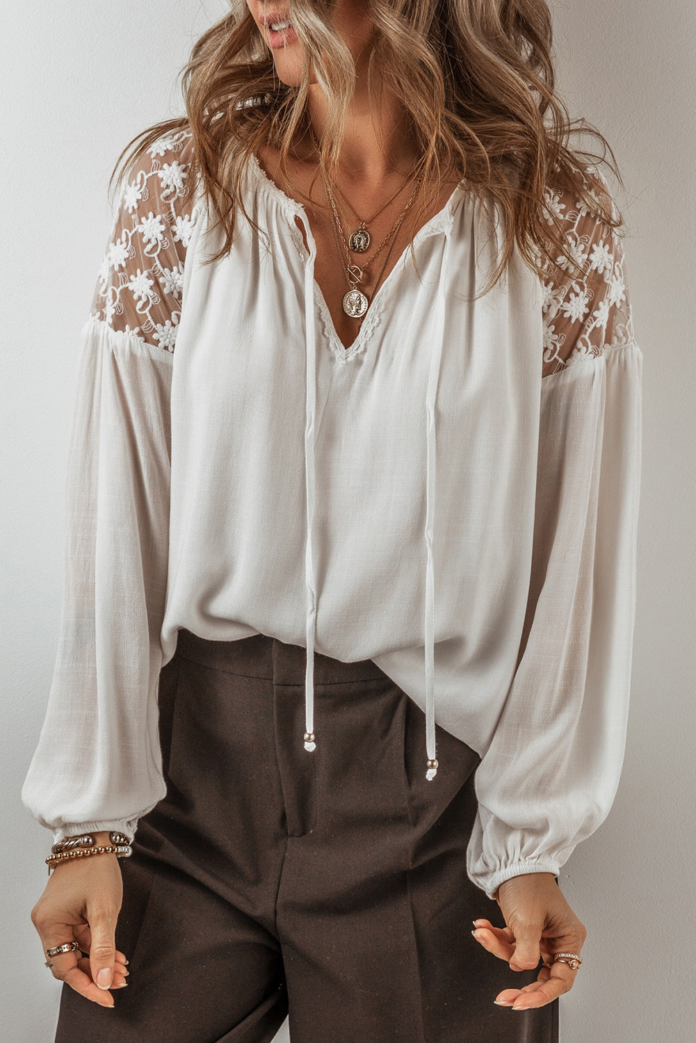 White Floral Lace Patchwork Puff Sleeve Tied V Neck Blouse