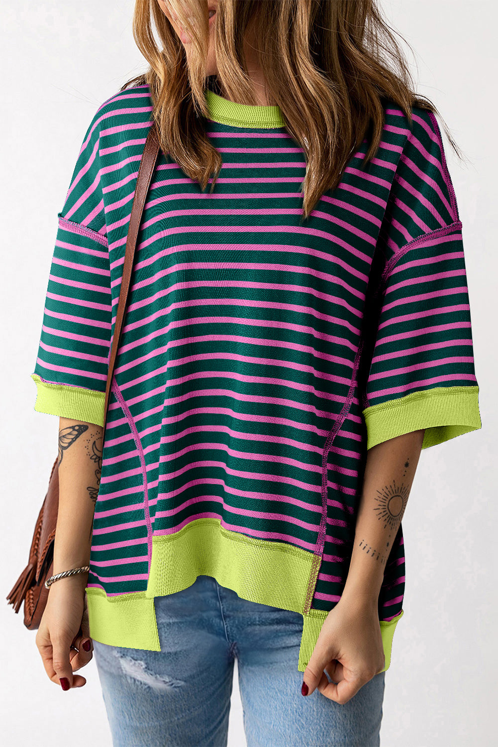 Green Stripe Oversized Contrast Trim Exposed Seam High Low T Shirt