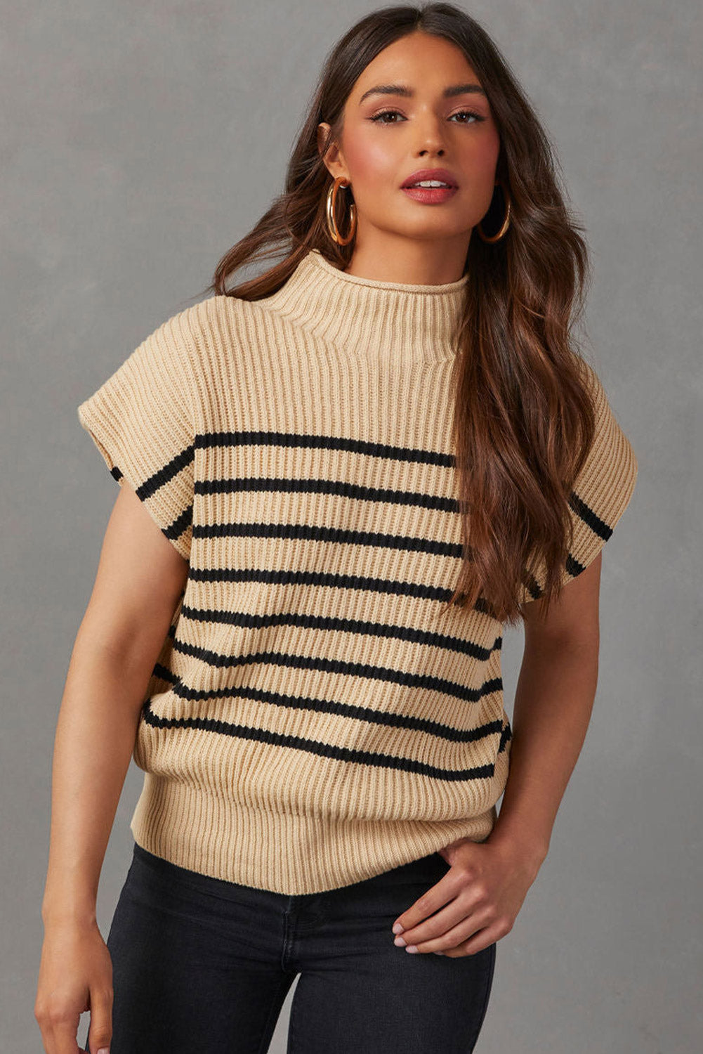 Parchment Striped Ribbed Knit High Neck Sweater