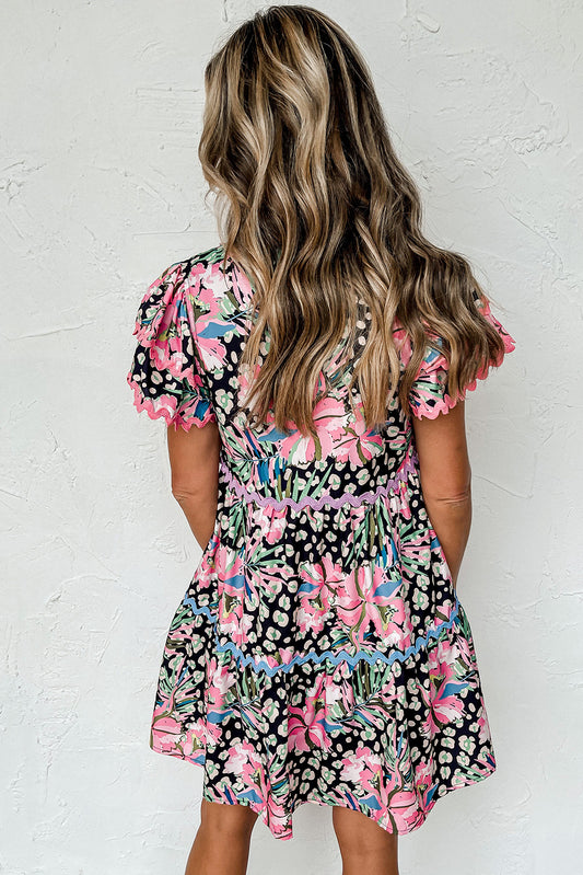 Pink Floral Ricrac Embellished Tiered Mini Dress