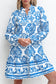 Sky Blue Tribal Print Button Up Notch Neck Loose Mini Dress