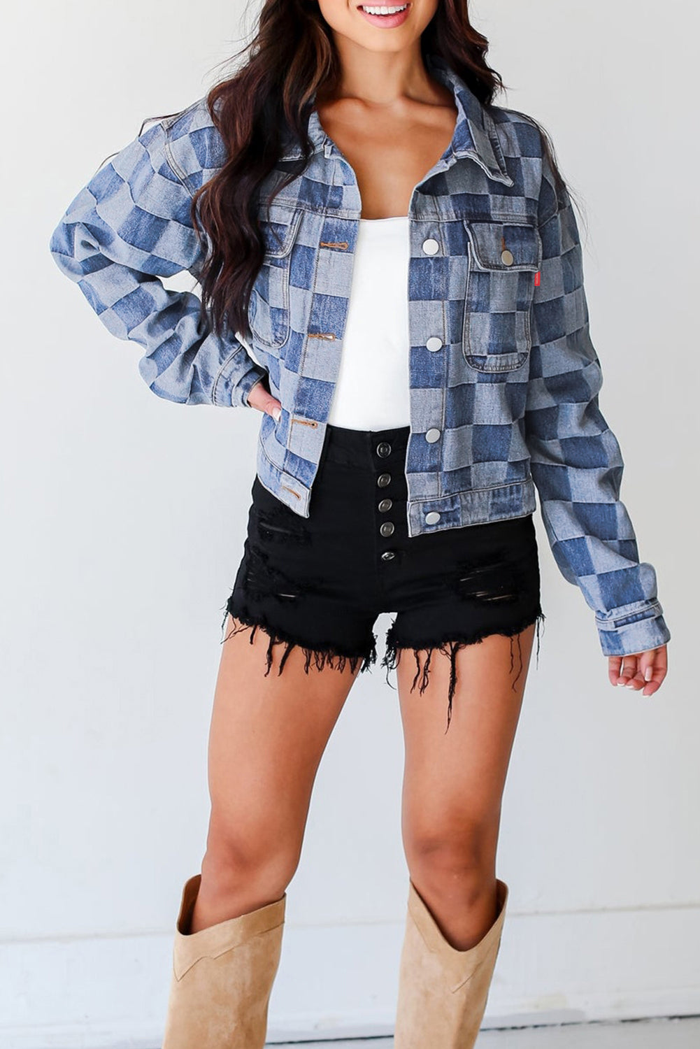 Light Blue Checkered Patchwork Button up Denim Jacket