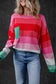 Rose Striped Knit Patch Pocket Drop Shoulder Sweater