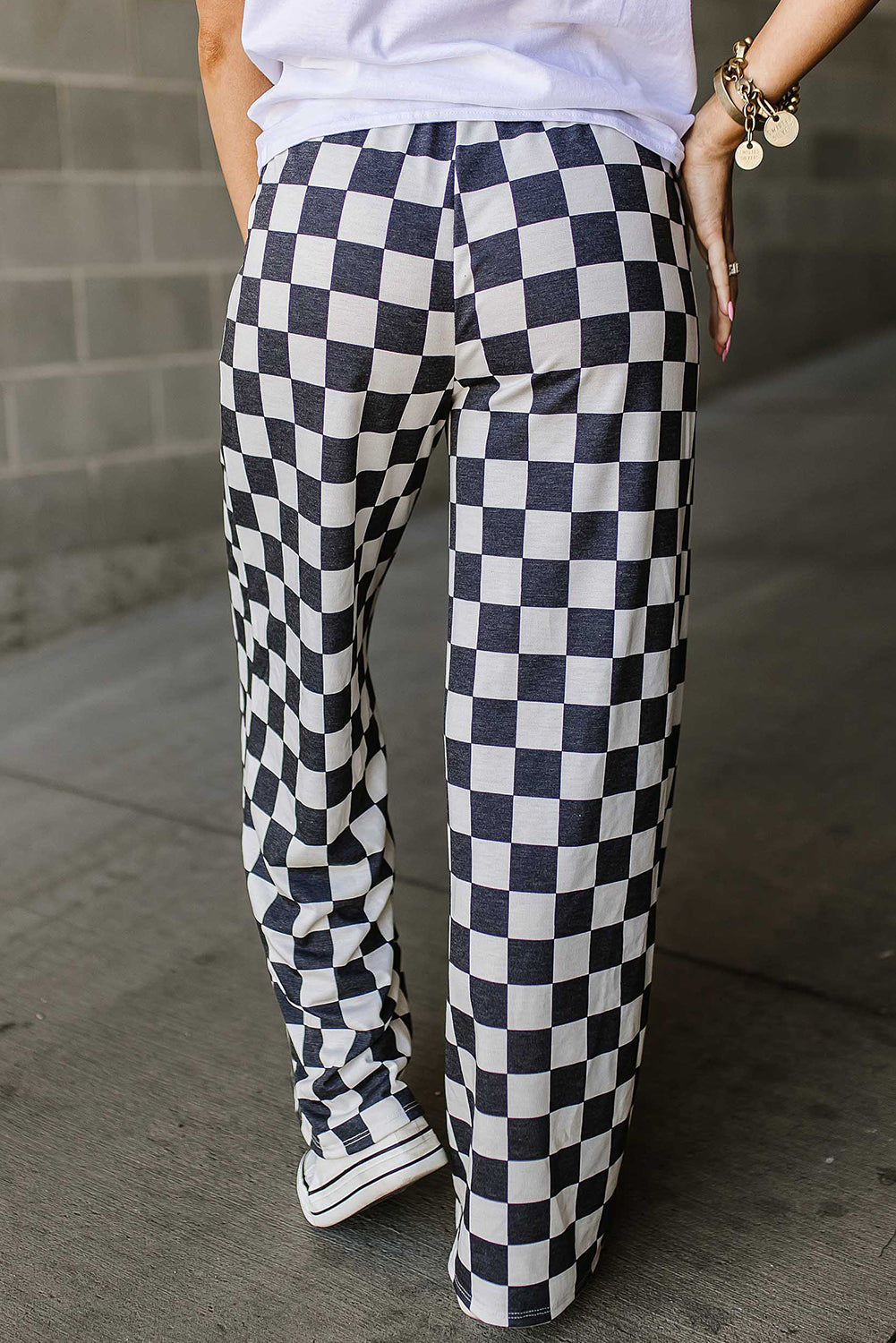 Black 2-Tone Checked Print High Waist Wide Leg Pants