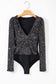 Black Sequin V Neck Zipped Long Sleeve Bodysuit